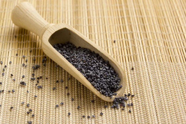 Poppy seeds in a wooden spoon — Stock Photo, Image