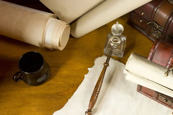 Vintage scrolls and ink for writing instruments Stock Photo