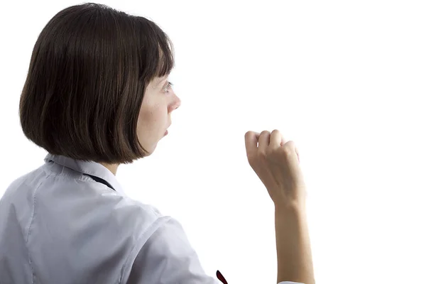 Vrouwelijke Student Geneeskunde Met Krijt Hand Witte Achtergrond — Stockfoto
