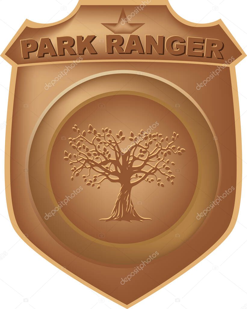 Park ranger heraldic sign with lettering and tree.