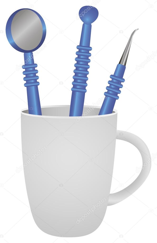 Mug with set dental instruments
