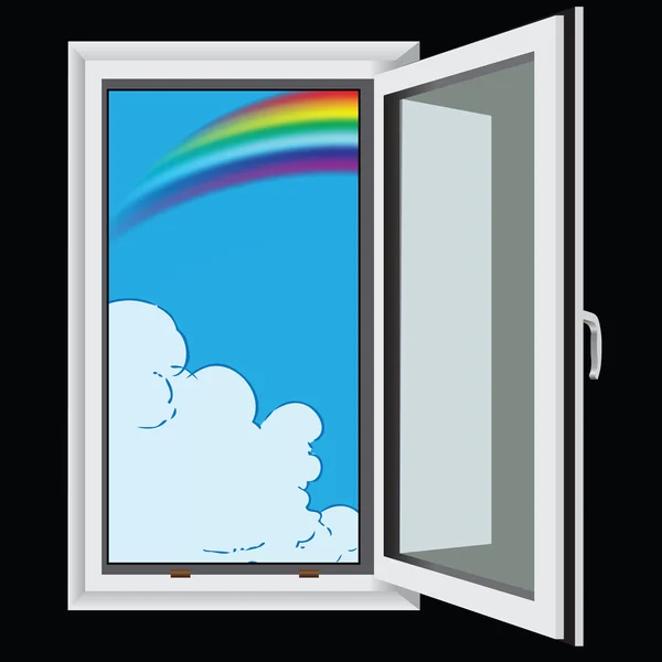 Regenboog en wolken door raam — Stockvector