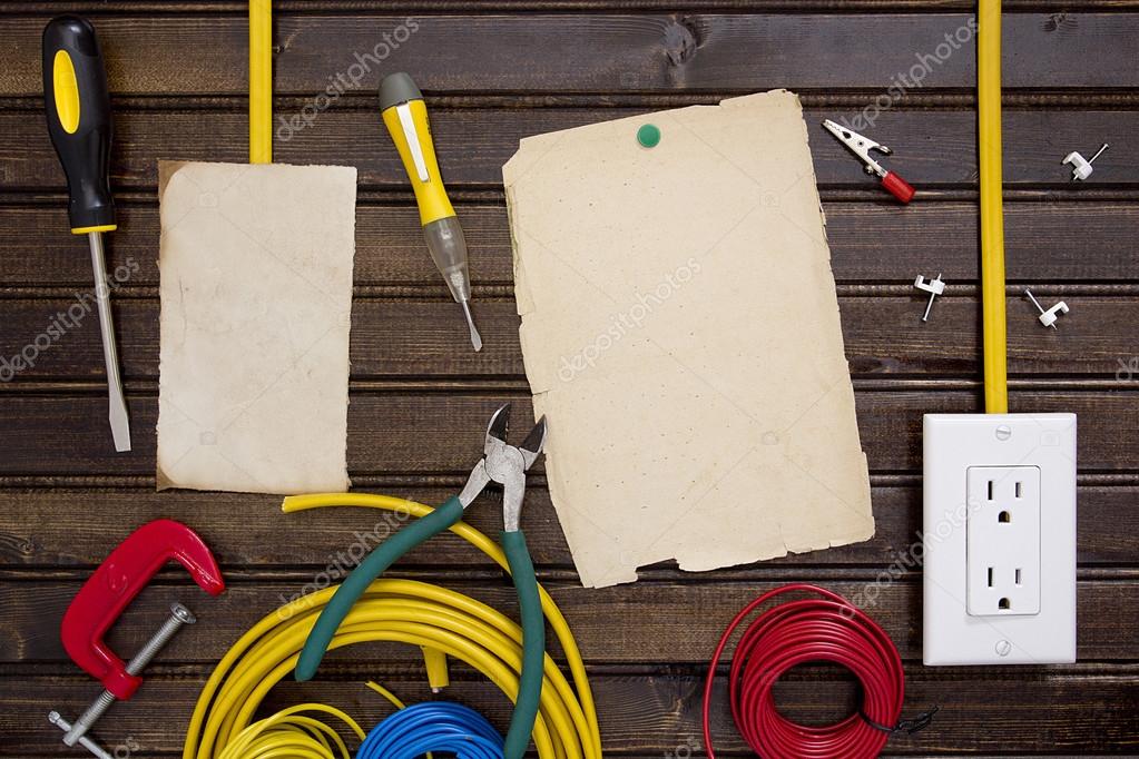 Equipment for installing electrical outlets Stock Photo by