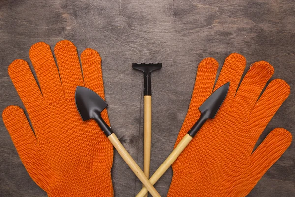 Räfsa med en spade och handskar — Stockfoto