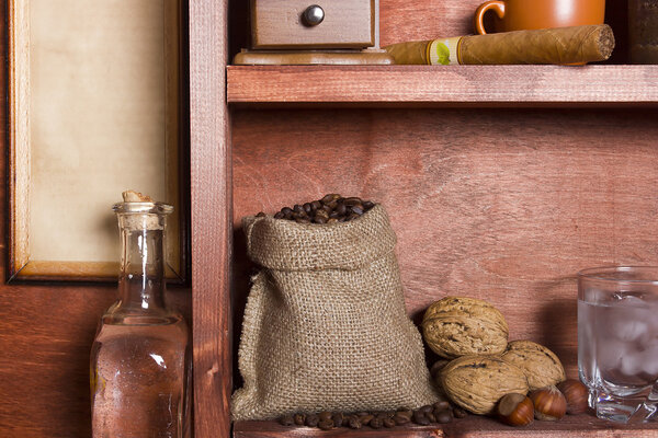 Wooden shelf with coffee beans