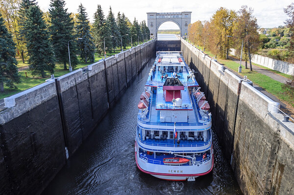 Passenger ship in the shipping lock of Uglich, Russia