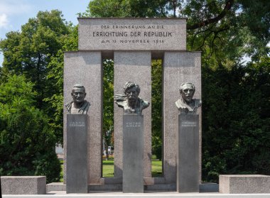 Vienna, Austria - July 31, 2019: Monument to the founders of Austrian Republic in 1918 - Jakob Reumann, Victor Adler, Ferdinand Hanush clipart