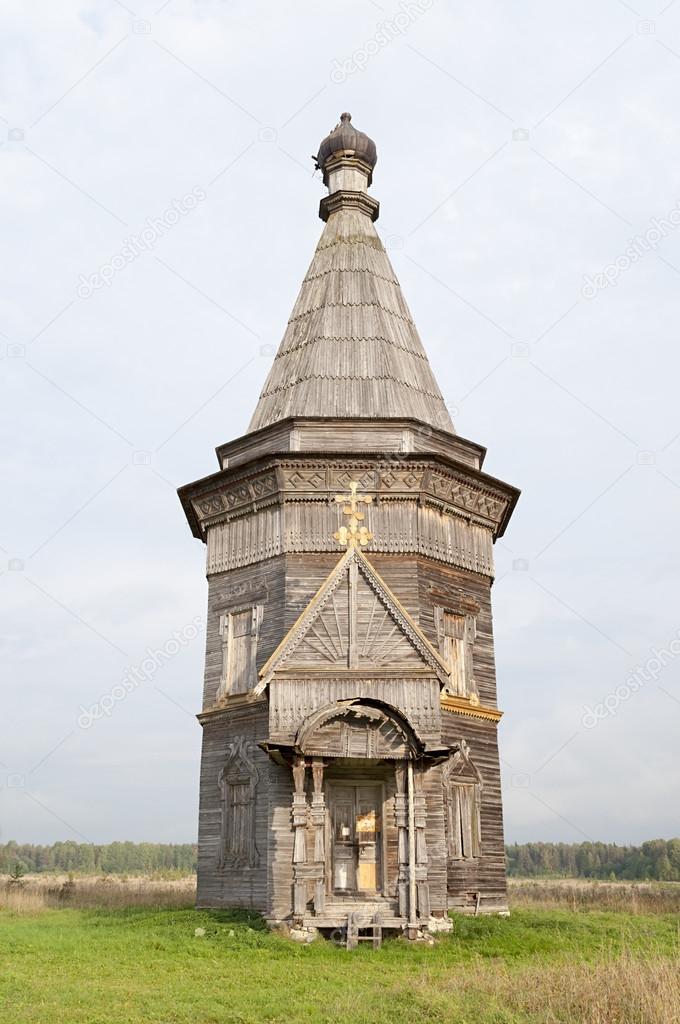 Ancient wooden church in Red Lyaga, Russia