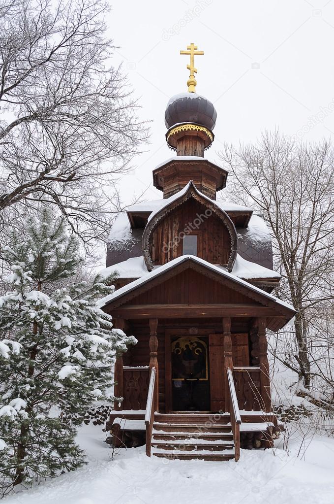 Wooden chapel at the holy spring of St Sava Storozhevsky in wint
