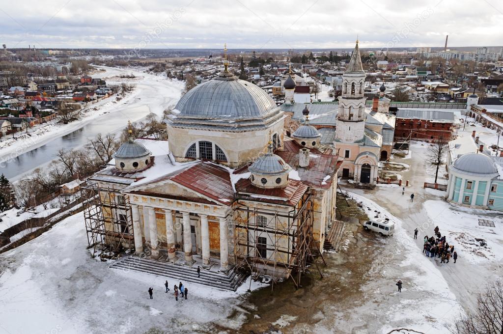 Upper view of Boris and Gleb Monastery in Torzhok, winter time