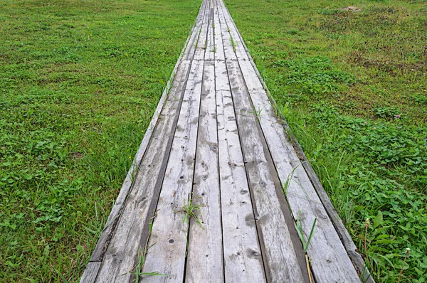 Fából készült út a zöld fű háttér — Stock Fotó