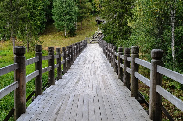 Lange houten voetgangersbrug in bos — Stockfoto