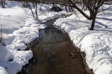 Snowdrifts arasında küçük dere