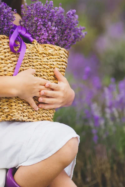 Felice bambina è in un campo di lavanda tiene un cesto di fiori — Foto Stock