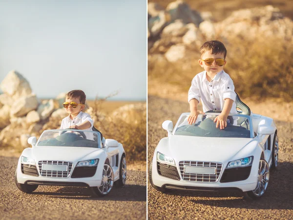 Collage, un petit garçon à voyager en voiture — Photo