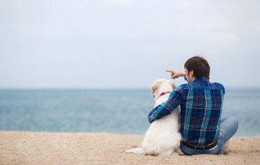 Yaz sahilinde köpeğiyle birlikte kameraya geri oturan adam