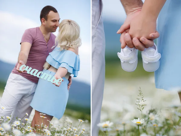 Un collage de dos fotos de la futura madre con los botines blancos — Foto de Stock