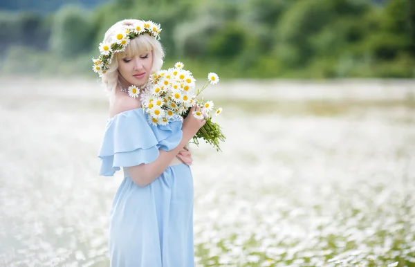 Gravid kvinna i ett fält av blommande vita prästkragar — Stockfoto