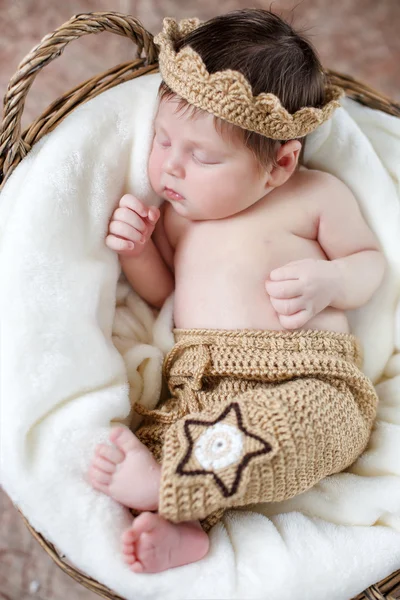 Dulce sueño bebé recién nacido en una cesta grande —  Fotos de Stock