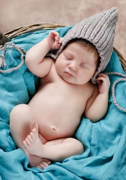 Feliz sono em uma cesta bebê recém-nascido — Fotografia de Stock