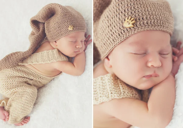 睡着刚出生的婴儿，在一顶毛线帽 — 图库照片