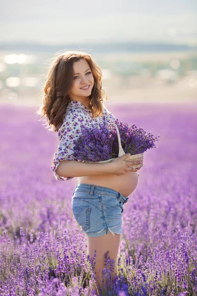 Vackra gravid kvinna i fältet lavendel. — Stockfoto