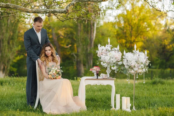 Yaz çayır üzerinde genç düğün çift romantik anlar — Stok fotoğraf