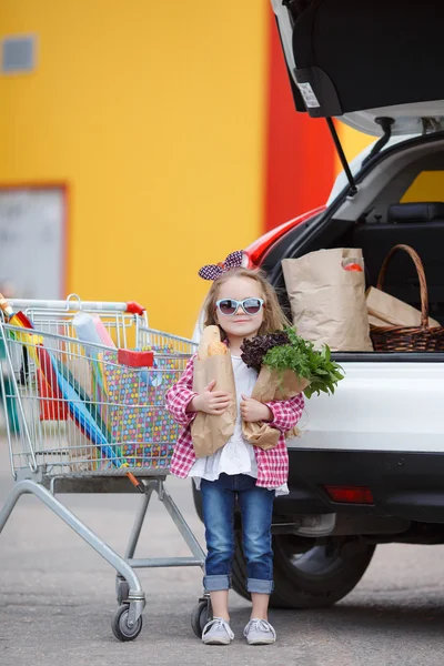 Lány egy bevásárlókosár tele élelmiszerüzletek közelében az autó — Stock Fotó