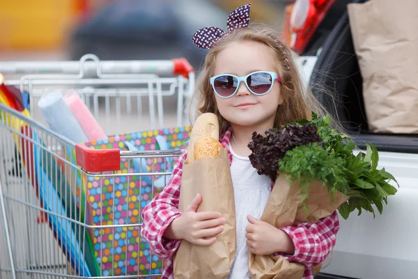 Arabanın yanında yiyecek dolu bir alışveriş sepeti ile kız — Stok fotoğraf