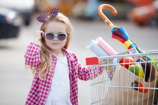 Menina com carrinho de compras com produtos — Fotografia de Stock