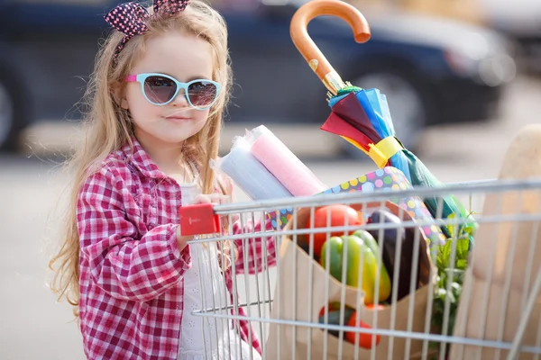 Niña con carrito de compras con productos — Foto de Stock