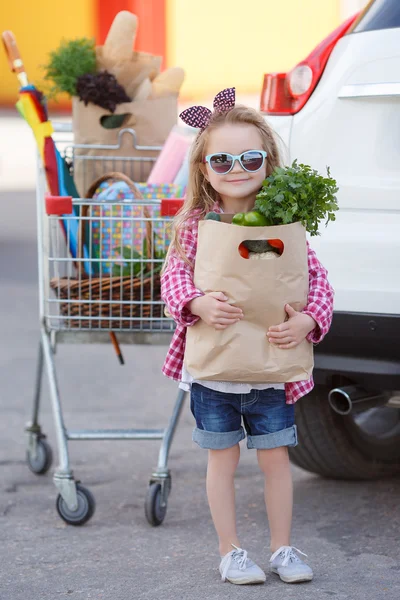 Menina com um carrinho de compras cheio de mantimentos perto do carro — Fotografia de Stock