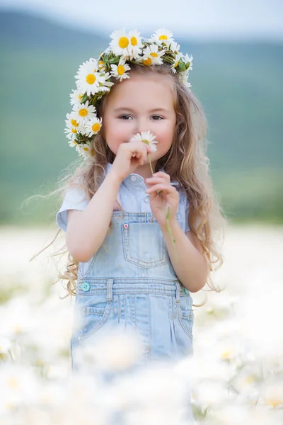 ひなぎくの花輪の小さな女の子 — ストック写真