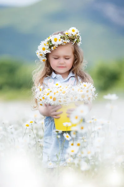 Linda niña con cubo amarillo margaritas blancas — Foto de Stock