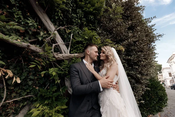 Retrato de una novia y un novio felices, emociones de amor de boda — Foto de Stock