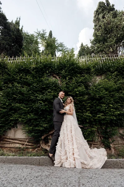 Retrato de una novia y un novio felices, emociones de amor de boda — Foto de Stock