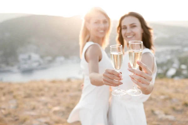 Two beautiful happy young friends on a picnic. The concept of communication, vacation, tourism — Stock Photo, Image