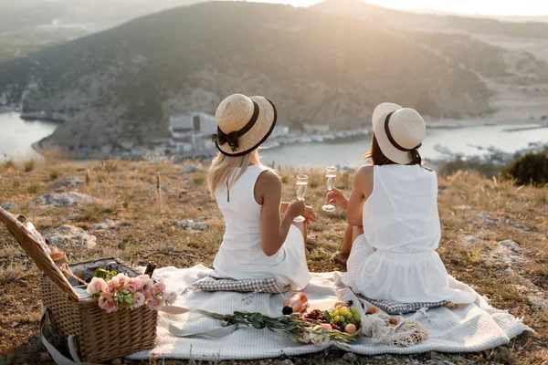 Two beautiful happy young friends on a picnic. The concept of communication, vacation, tourism