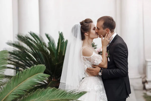 Hochzeitsporträt eines lächelnden Brautpaares, das sich küsst — Stockfoto