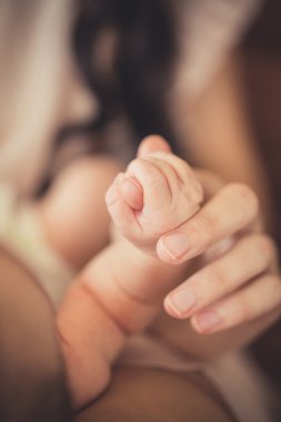 Baby hand gently holding adult's finger clipart
