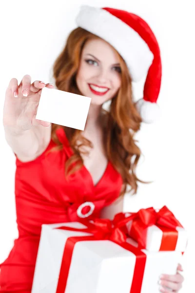 Beautiful Snow Maiden with gift and credit cards — Stock Photo, Image