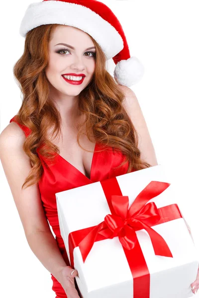 Beautiful maiden with a gift on a white background. — Stock Photo, Image