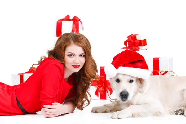 Maiden and labrador dog with Christmas gifts — Stock Photo, Image