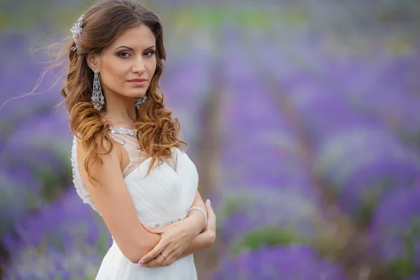 Hermosa novia en vestido de novia en el campo de lavanda —  Fotos de Stock