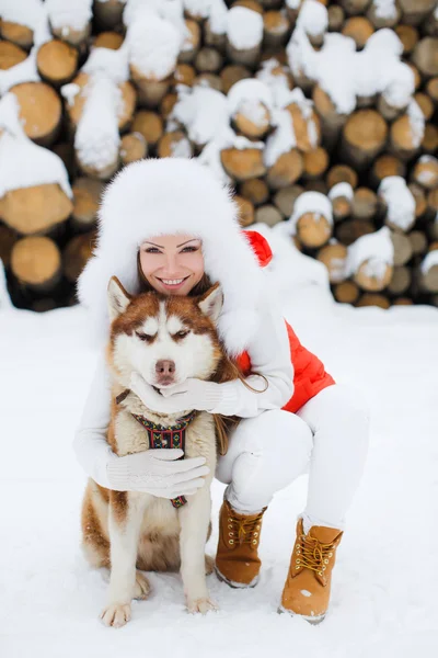 Menina bonita com um husky siberiano na neve . — Fotografia de Stock