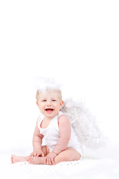 Pequeno anjo com as asas isoladas no branco . — Fotografia de Stock