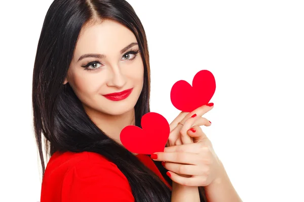 Mooie vrouw met de dag van Valentijnskaarten hart. — Stockfoto