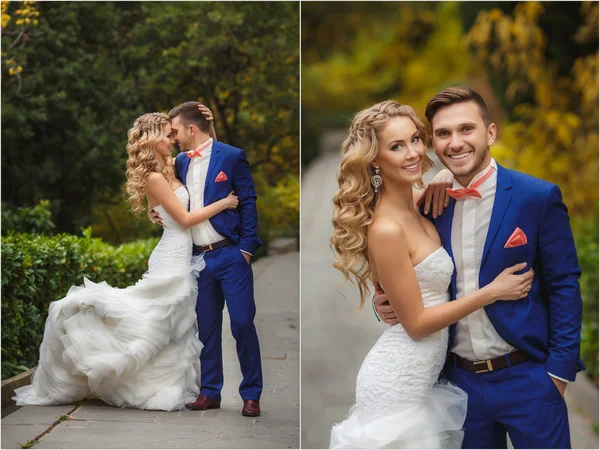 Düğün kolaj - gelin ve damat yaz aylarında parkta.