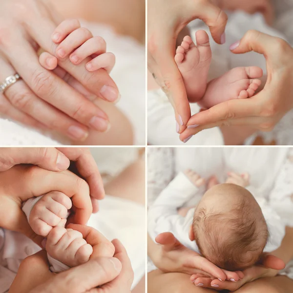Kolaż z nowo narodzonego dziecka w ramionach swojej matki. — Zdjęcie stockowe