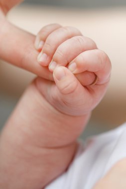 Annenin parmağını tutarken bebeğin elini yakın plan çek.